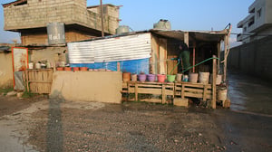 A woman waters plants in pots outside a house made of scrap wood and corrigated metal